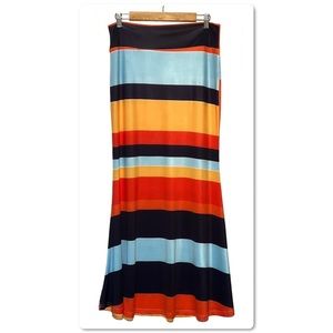 Maxi Skirt Vibrant Stripes Orange Navy Blue Gold Light Blue Size L Large Stretch